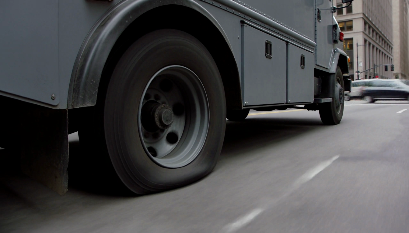 Armored cash-transport truck rolling on a fully deflated rear tire through city traffic — the run flat insert inside carries the load