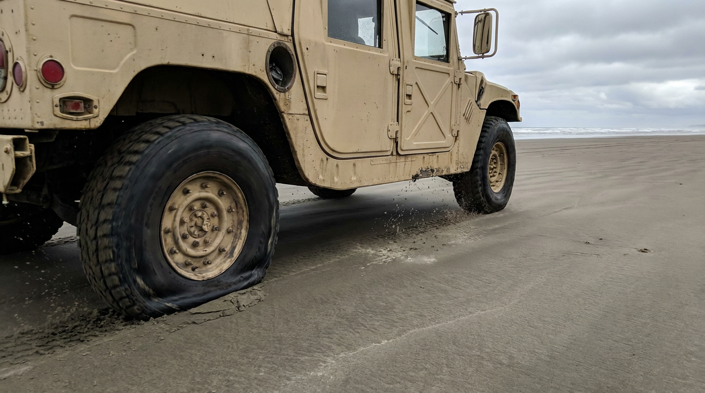 HMMWV rolling on a flat rear tire across hard-packed sand — the run flat insert carries the load
