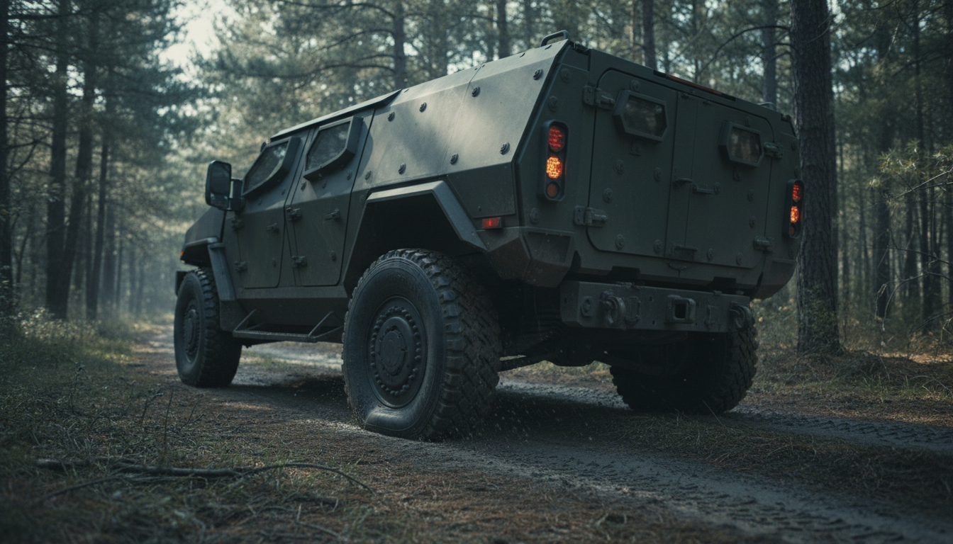 JLTV rolling on a fully deflated rear tire through mud — the run flat insert inside carries the load