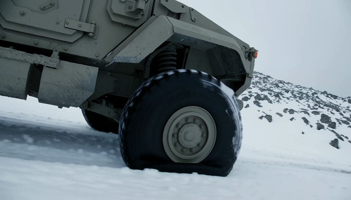 M-ATV climbing a snow-covered mountain road on a deflated front tire — the run flat insert inside carries the load