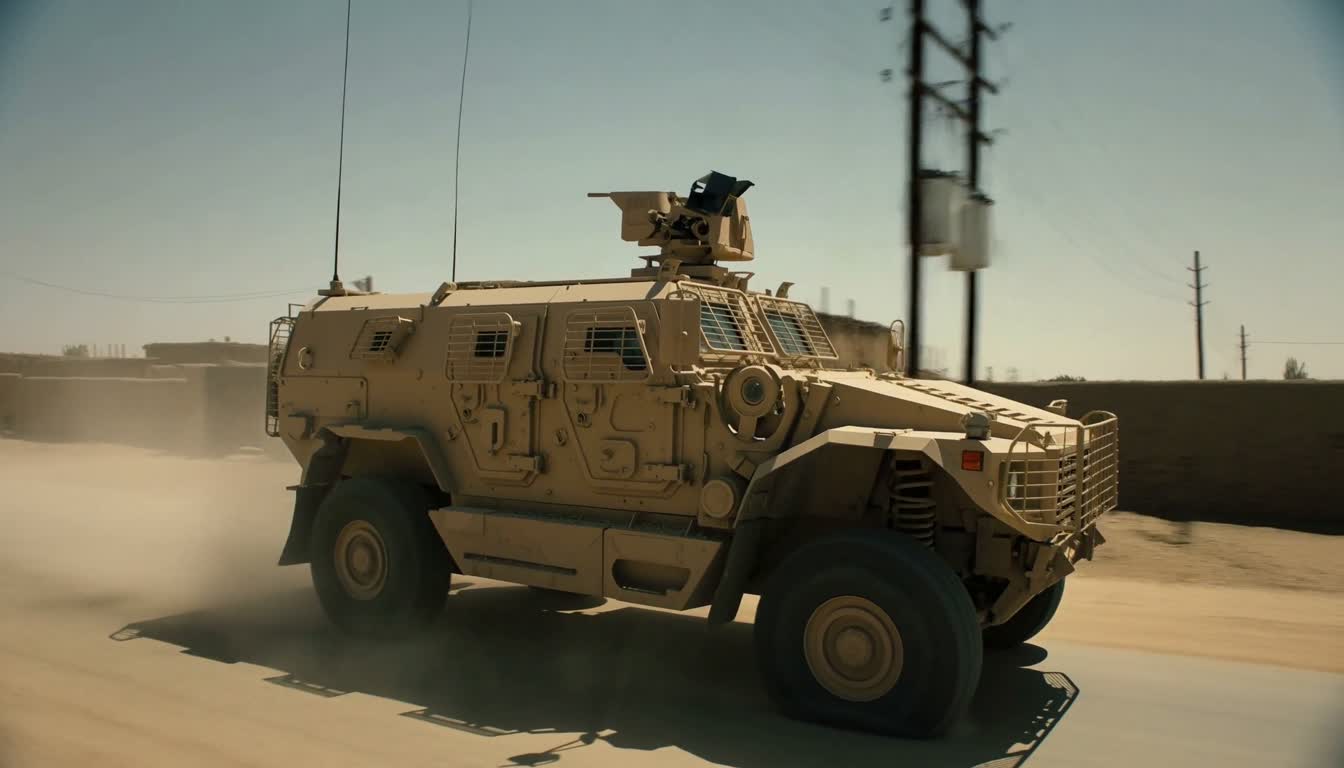 MaxxPro rolling down an Afghan village street on a deflated front tire — the run flat insert inside carries the load