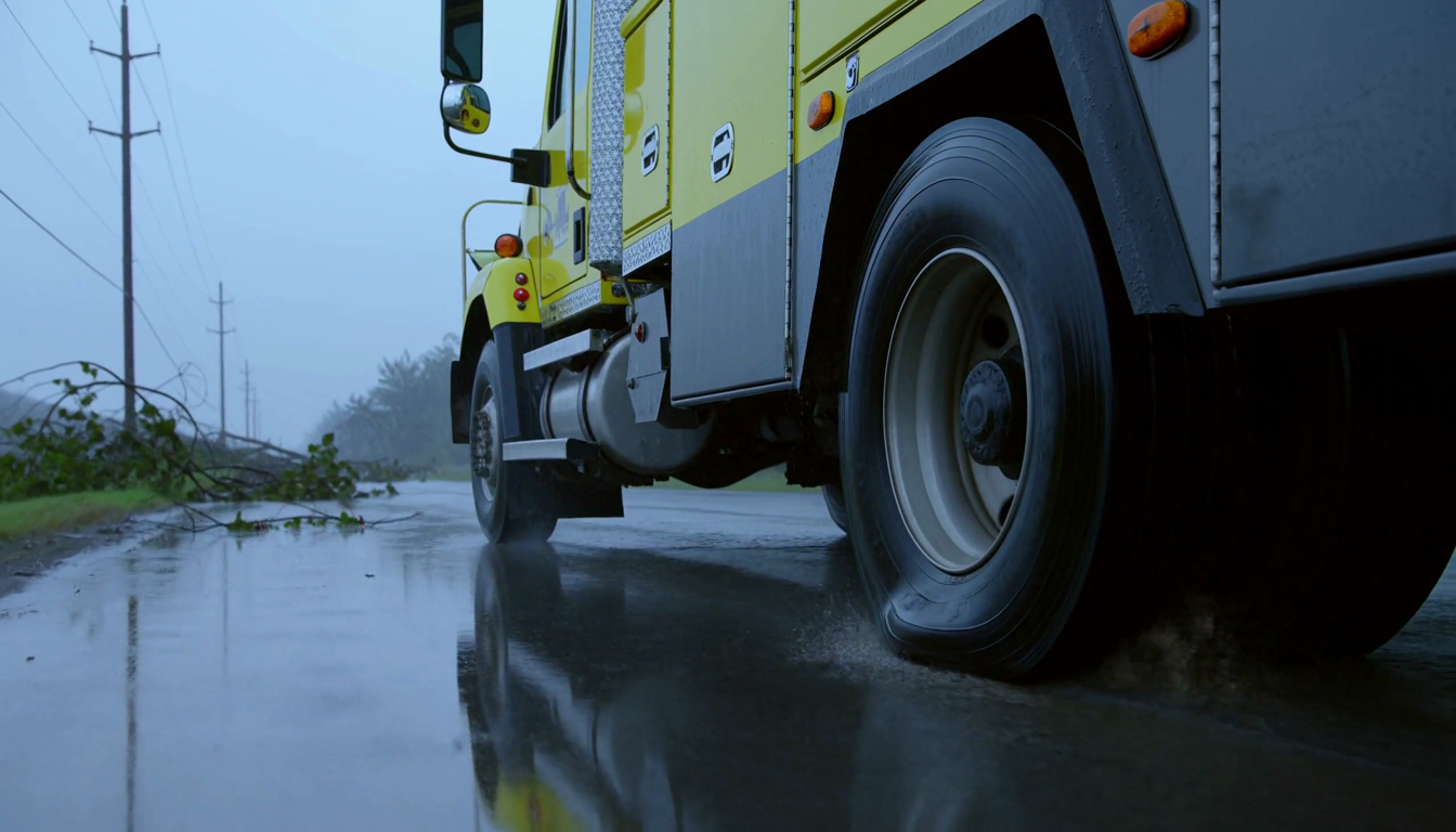 Utility line truck rolling on a fully deflated front tire through storm aftermath — the run flat insert inside carries the load
